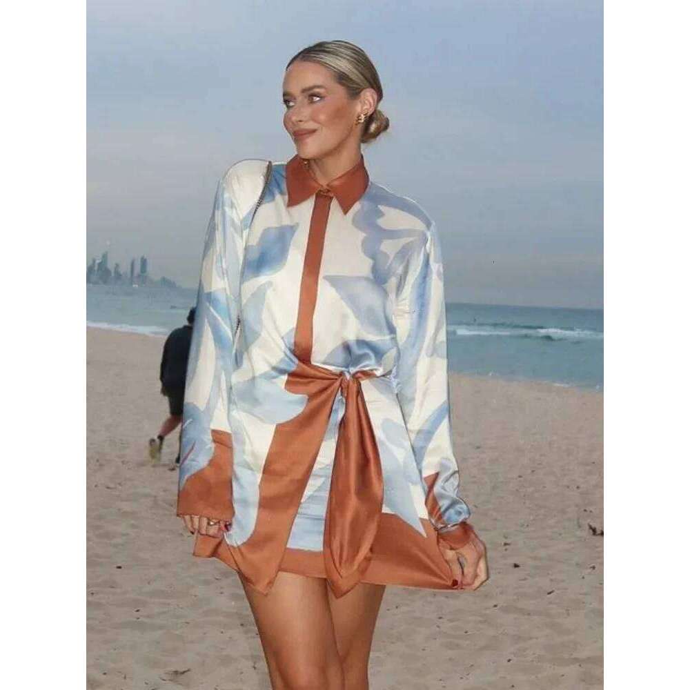 Casual Printing Lace Up Mini Dress Lapel Full Sleeve Holiday High Waist Slim Vestido 2025 New Summer Vacation Beach Commute Robe