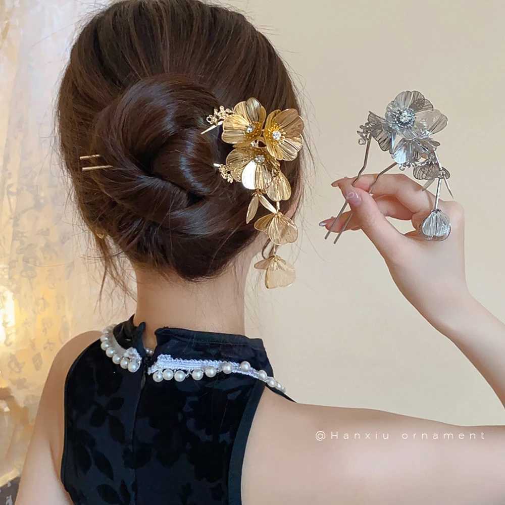 1 Pcs Golden Silvery Hollow Flower Long Tassel Hairpin Hair Fork Chinese Bridal Wedding Charm Headwear Jewelry Accessories Z250605