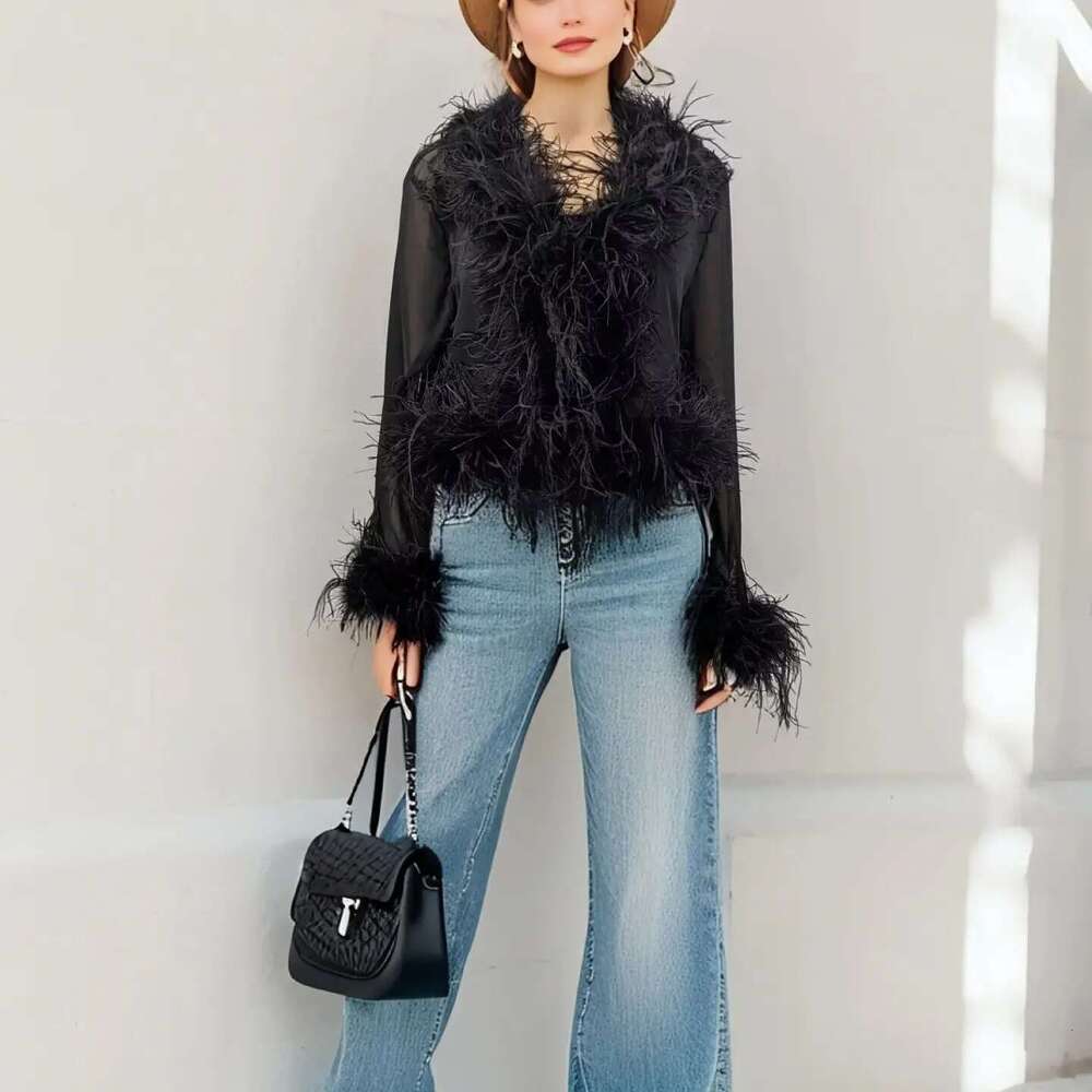 See-through clothing with real Ostrich feather collar and cuffs sex club cropped jacket top bolero