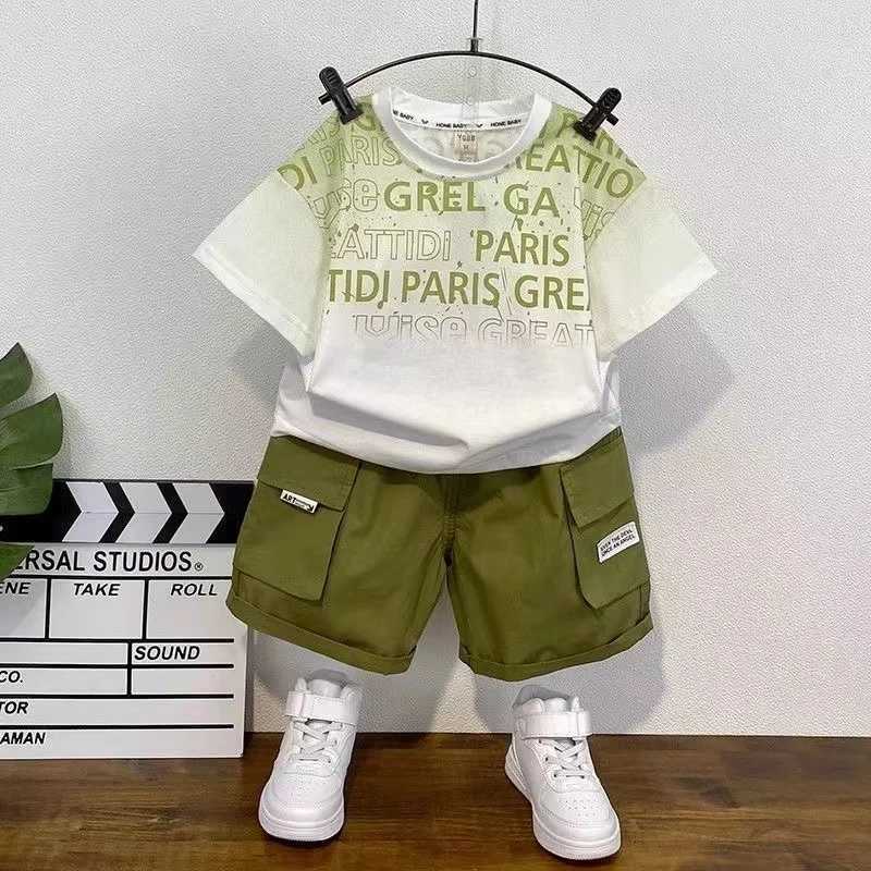 Boys Summer Outfit Fashion Letter Graffiti Short Sleeved Pullover T-Shirt+ket Pants 2PCS Clothes Kids New Boutique Sport Set R250606