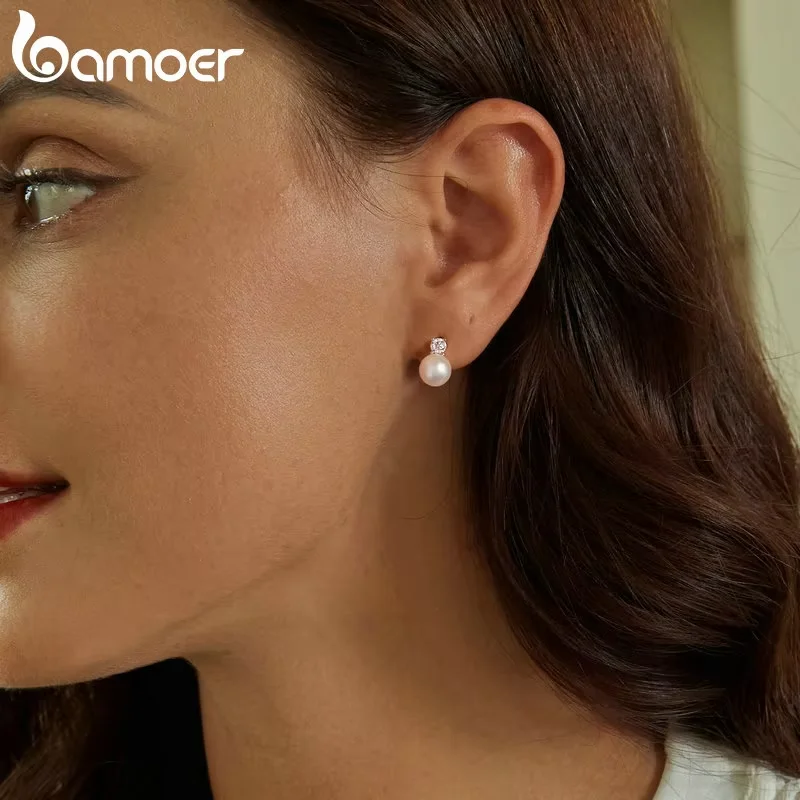 BAMOER Moissanite 925 Sterling Silver Freshwater Pearl Stud Earrings VVS1 Lab Created Diamond Wedding Earrings for Women Gift