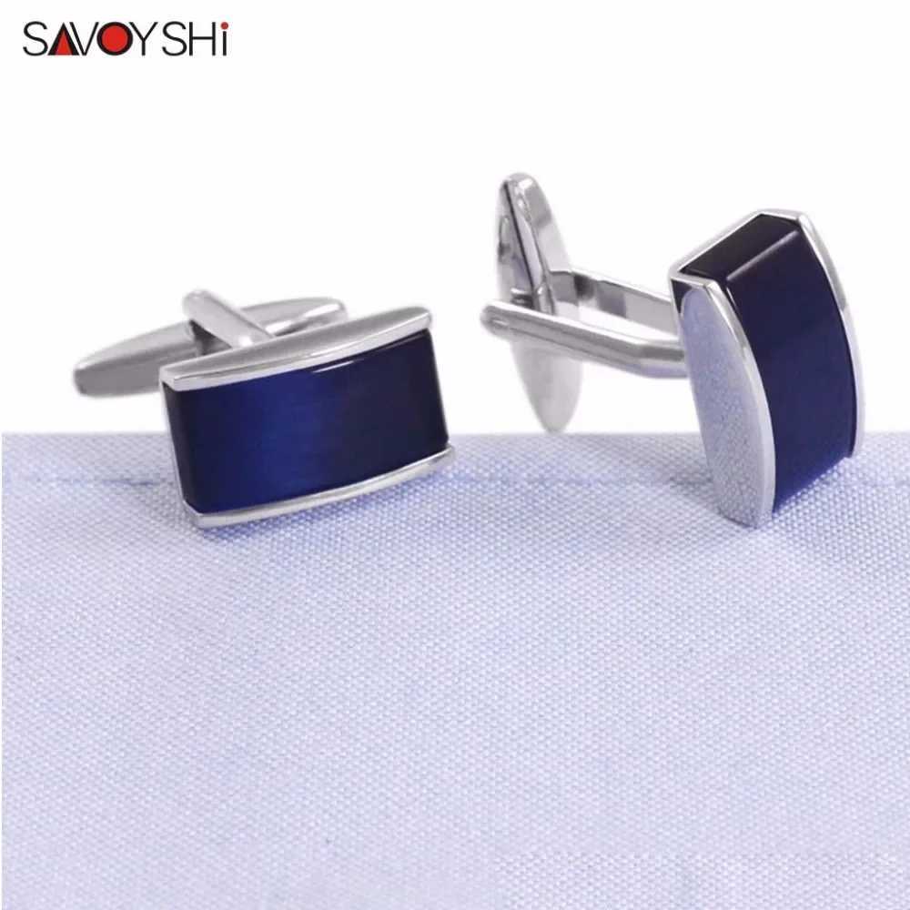 SAVOYSHI Luxury Square Blue Cats Eye Stone Cufflinks for Men High Quality Shirt Cuff Buttons Cuff Links Wedding Gift Jewelry W250606