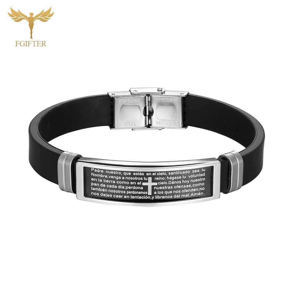 Christian Bible Prayer Text Cross Bracelets Stainless Steel Cuff Bangle Black Silicone Wristband Women Men Couple Jewelry Gifts W250606
