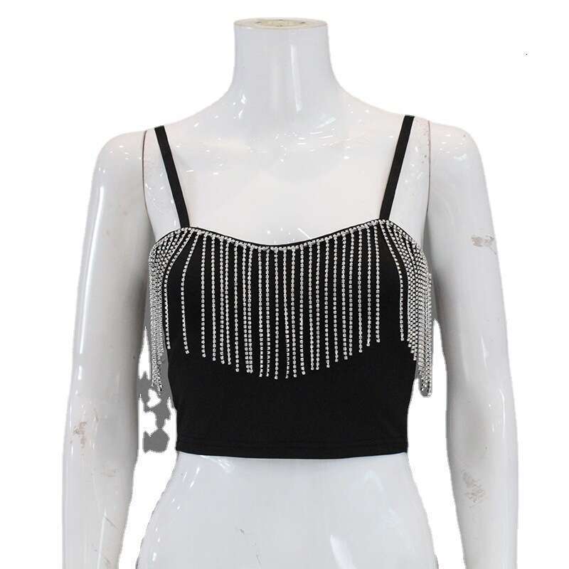 Ins Style Women's Low-Cut Sexy Backless Rhinestone Tassel Strap Short Vest Mature Top T-Shirt Trend B5