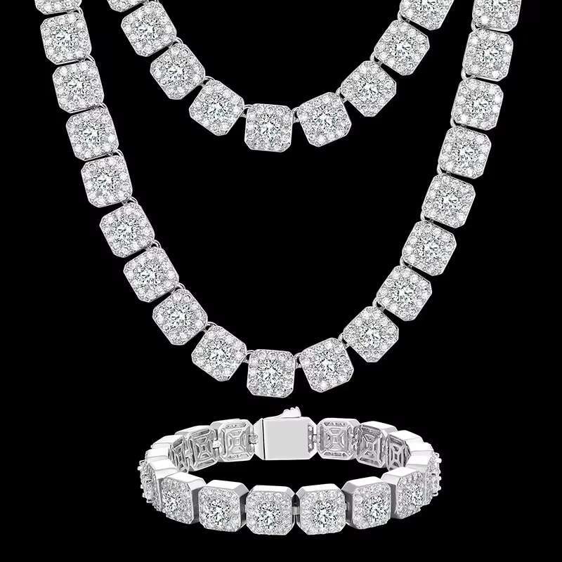 S925 Sterling Silver Jewelry Center 8 Square Micro Set Rock Sugar Hip Hop Necklace wholesale bulk manufacture factory customized