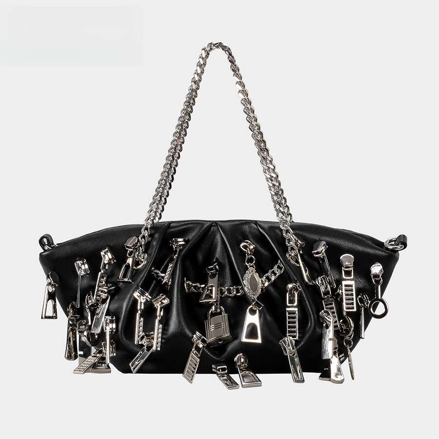 Punk Style Personality Hot Girl Black Wrinkled Cloud Dumpling PU Shoulder Crossbody Chain Bag for Women - view 7