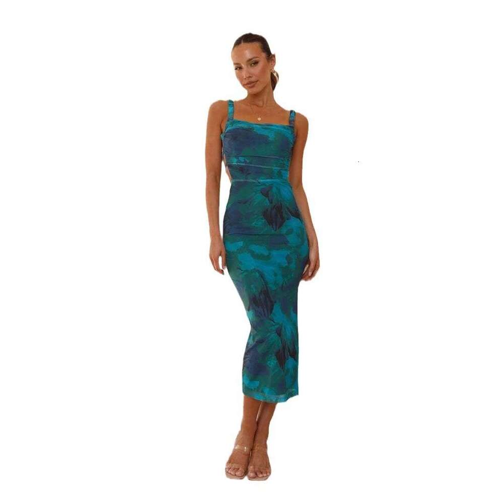 Women's Spring New Sleeveless Slimming Strap Backless Off-Shoulder Printed Split Dress B5