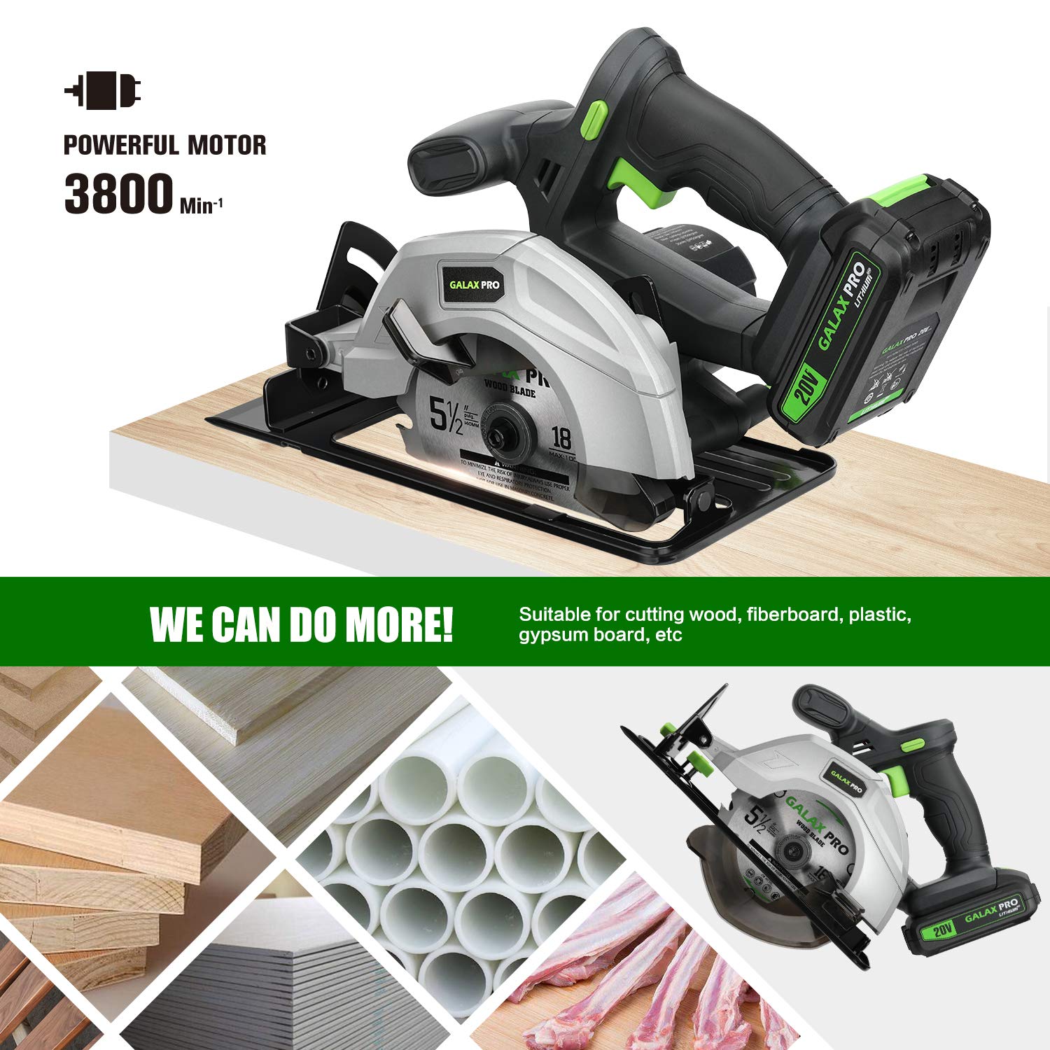 GALAX PRO Circular Saw, 140mm Cordless Circular Saw 20V with 2 Blades (18T+48T), 3800RPM Variable Speed, Includes 2.0Ah Lithium Battery and Charger