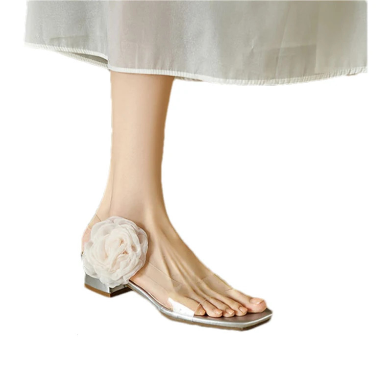 Flower Pvc High Heeled Women Sandals Square Toe Shoes Summer Transparent Dress Pumps Elegant Chunky Dance Zapatillas Mujer 250605