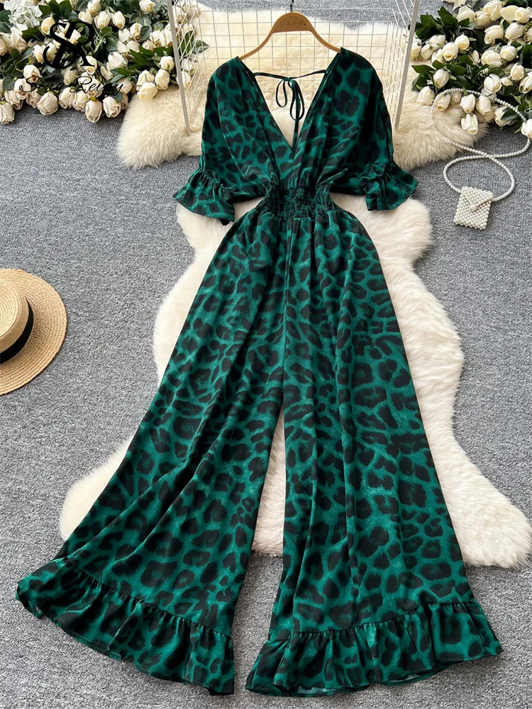 SINGREINY Summer Streetwear Jumpsuit Female V Neck Flared Sleeves Elastic Waist Slim Fit Fashion Leopard Print Long Rompers 250530