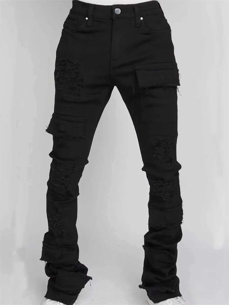 Men Ripped Denim Pants Distressed Skinny Cargo Pants Casual Trousers with Pockets for Streetwear Autumn Spring Clothes Punk Y2K Z250605