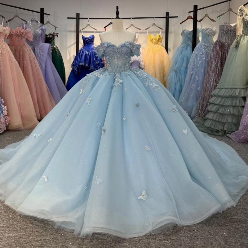 Sky Blue Shiny Off The Shoulder Ball Gown Quinceanera Dresses Beads Bow Tull Sweet 16 Dress vestidos 15 de anos