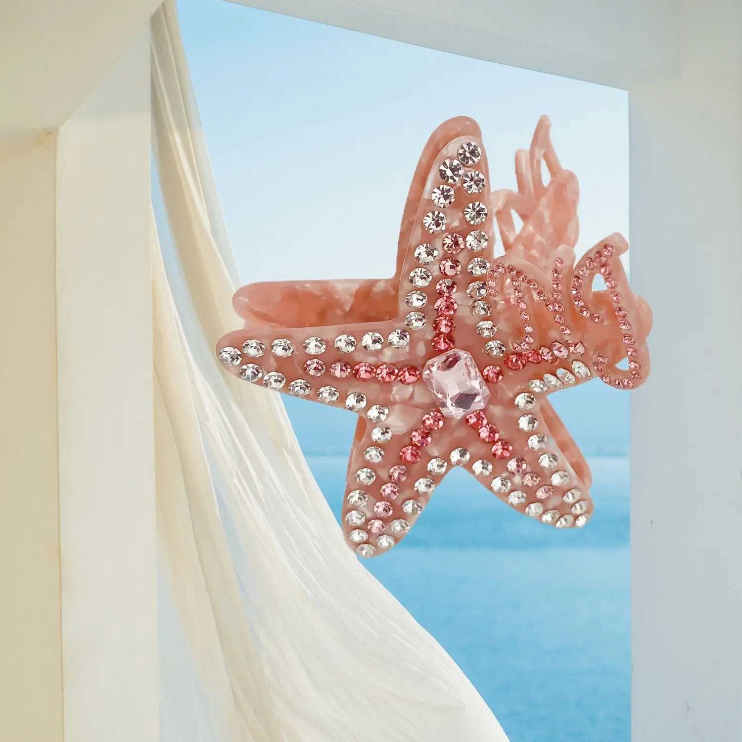 HANGZHI Pink Starfish Rhinestone Hair Clip Sparkling Eye-catching Shark Clip Summer Beach Holiday Hair Accessories for Women Z250605
