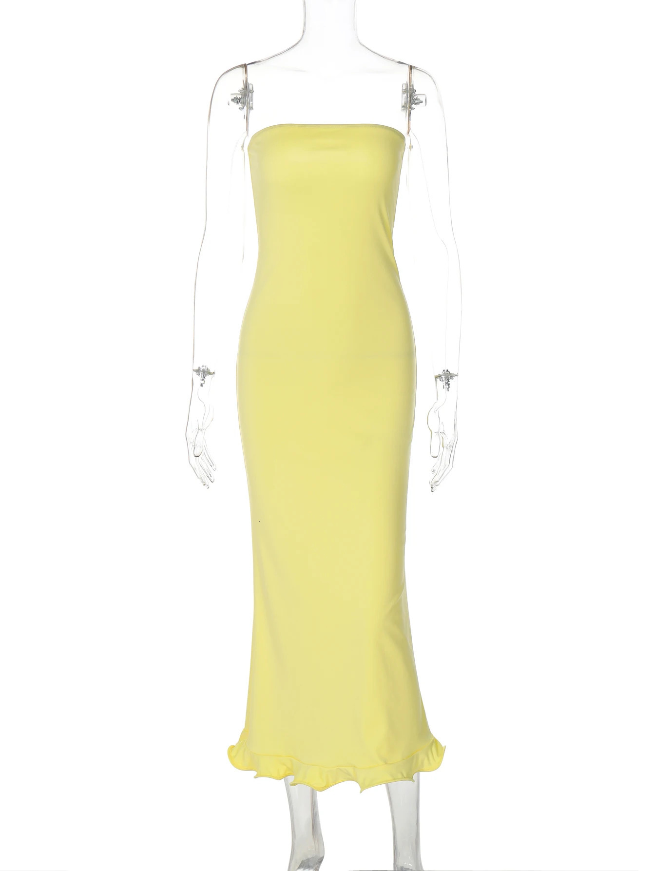 Hugcitar Elegant Solid Strapless Ruffles Sexy Bodycon Maxi Prom Dress Summer Women Fashion Outfit Birthday Party Festival 250605