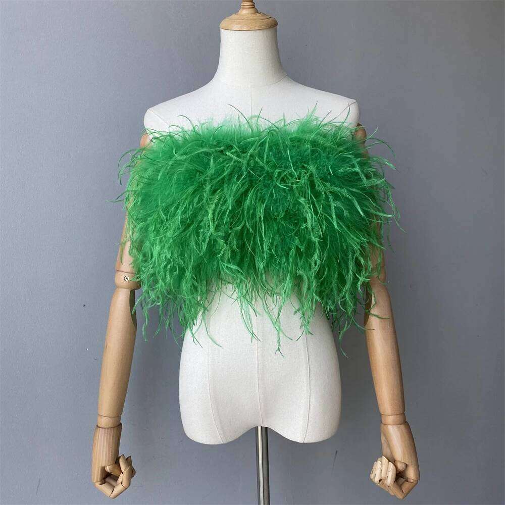 Jaxmonoy New Women Ostrich Feather Tube Spring Summer Sexy Stretch Bra Lady Party Wedding Fashion Sleeveless Cropped Top