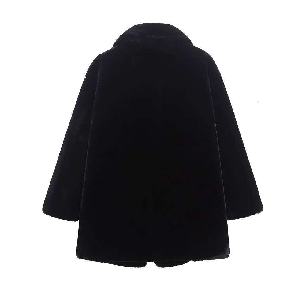 BMURHMZA women's lapel sleeved faux loose and versatile long winter new item solid color warm fur coat