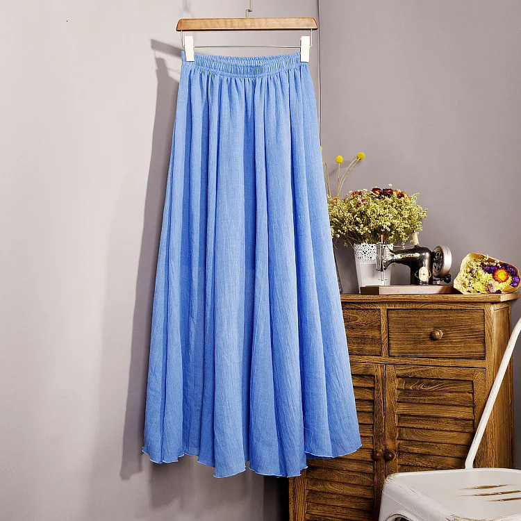 Womens Elegant 16 Color High Waist Elastic Waist Linen Pleated Long Skirts Ladies Slim Casual Skirt Saias Summer SK05 250605