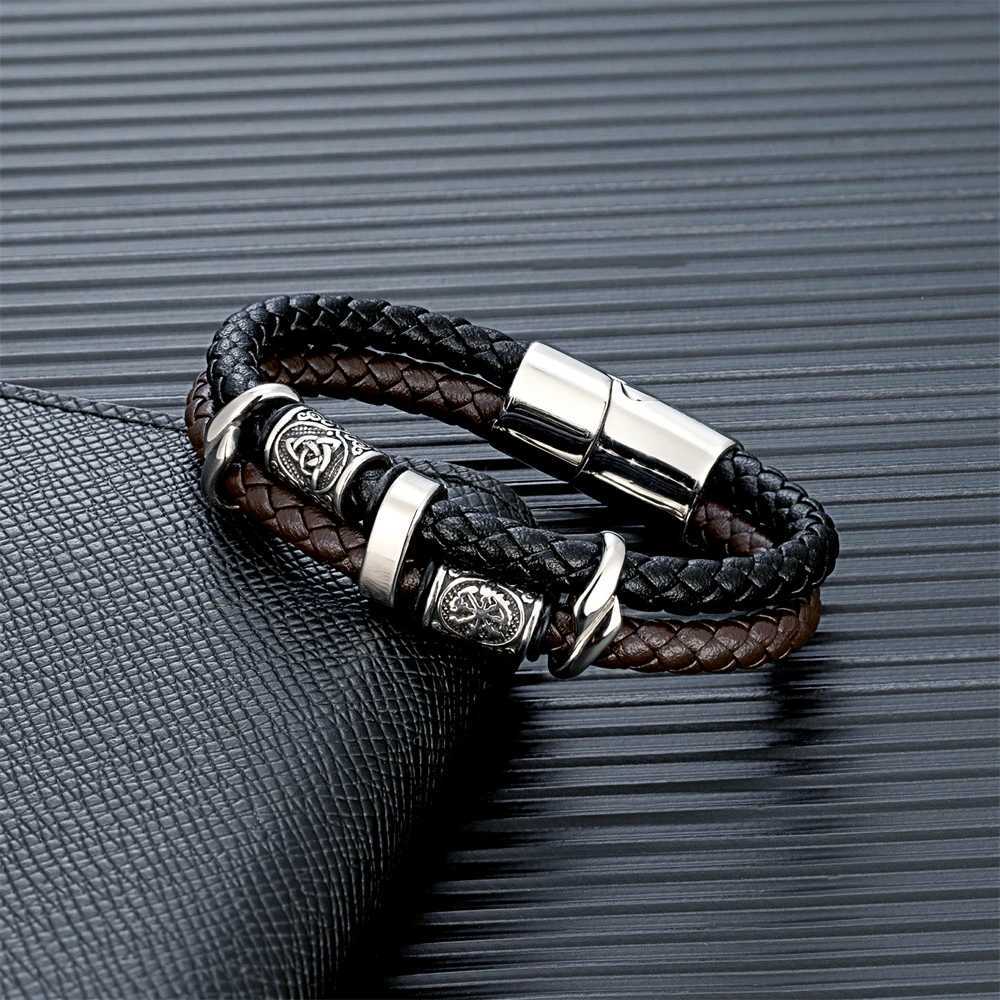 Vintage Viking Compass Multi layer Leather Bracelet Mens Stainless Steel Norwegian Rune Valkenut Bracelet Scandinavian JewelryC250606