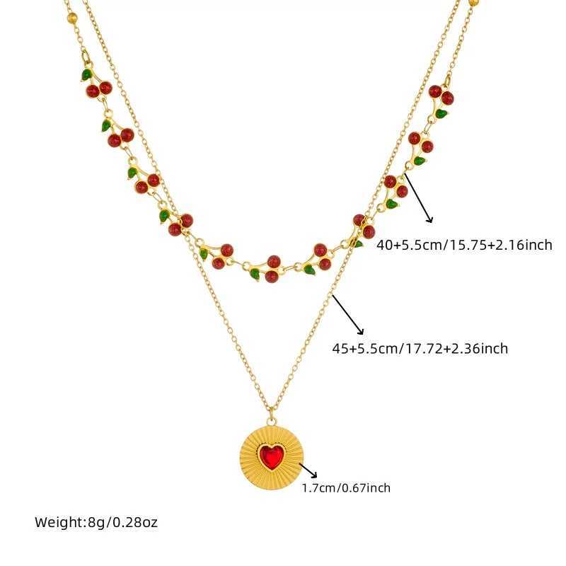 DIEYURO 316L Stainless Steel Cherry Circular Inlaid Red Heart Zircon Double-layer Necklace Womens Trend Neck Chain Jewelry Gift Y250605