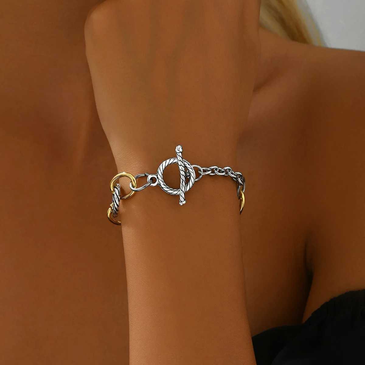 Link Bracelet for Women Two Tone Circles Chain Wire Cable Bangle Adjustable Inspired Dupe Bracelets Gift for Women Mother Girls W250606