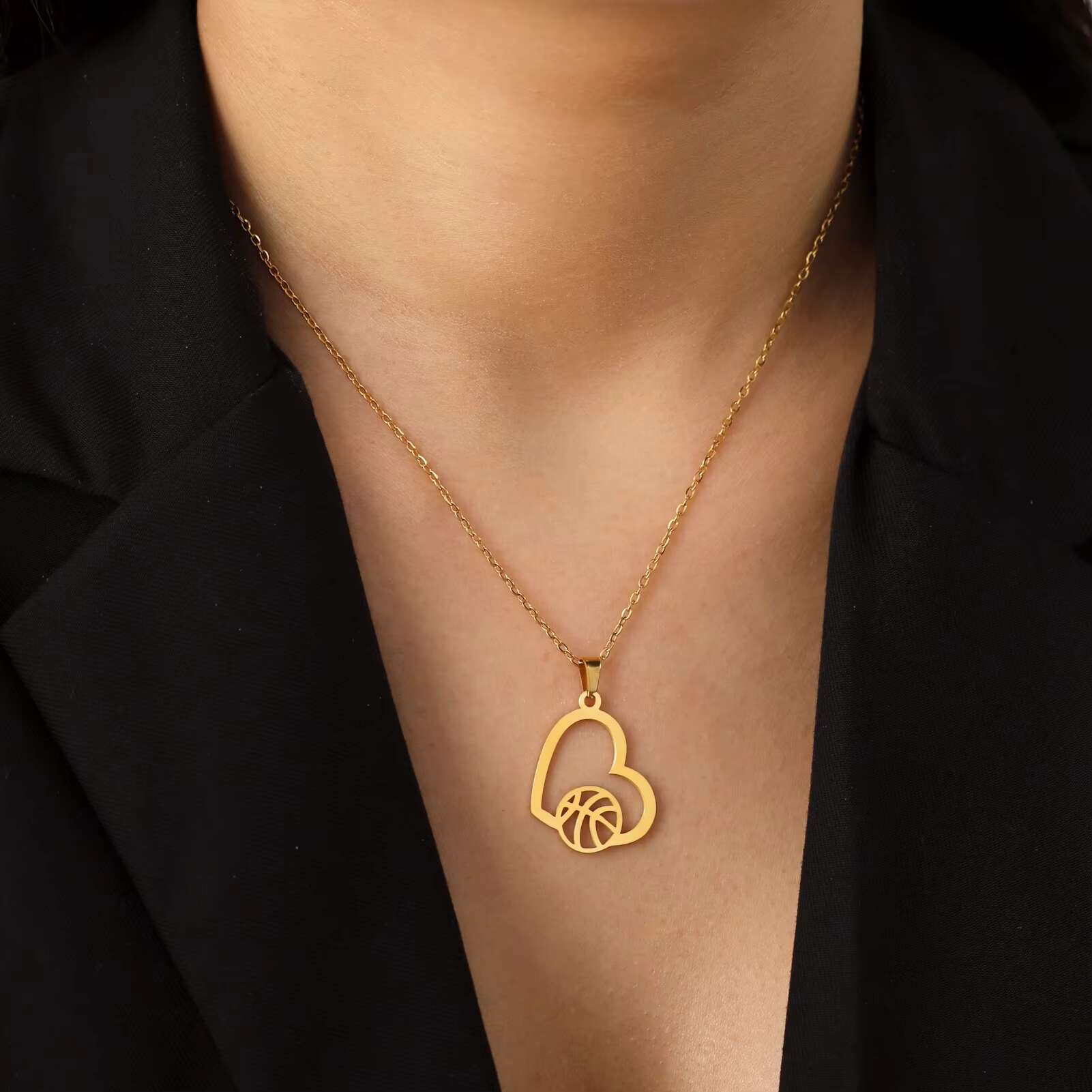 Basketball and Heart Pendant Necklace Casual Sporty Fashion Stainless Steel Jewelry Gift