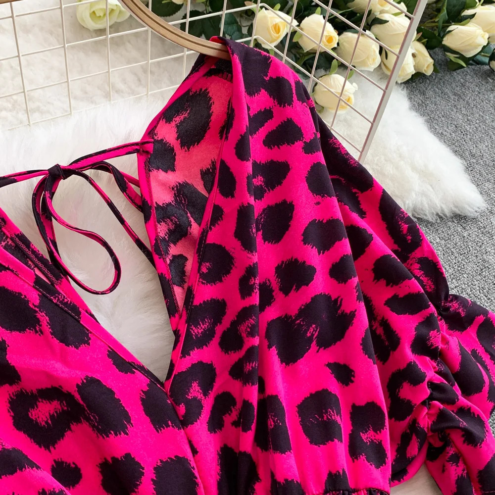 Summer Fashion V-Neck Leopard Print Lace-Up Jumpsuit Short Sleeve Loose Playsuit Overalls Women Elegant RuffleRompers 250530