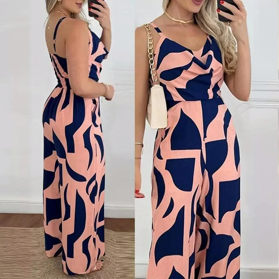Fashionable Printed V-Neck Backless Waist-Cinched Wide Leg Jumpsuit Elegant One-Piece Cross-Border Long Pants for Women 250530
