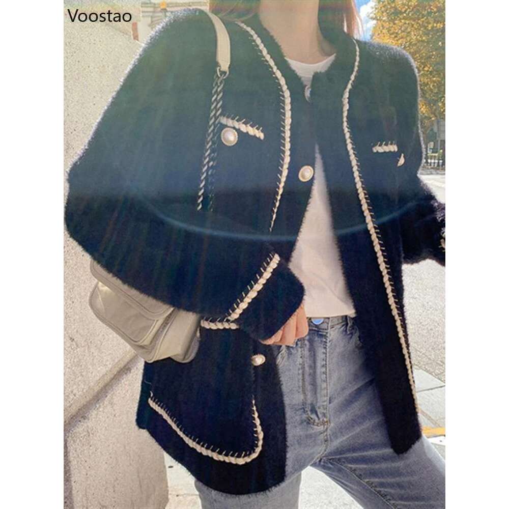White Mink Cashmere Sweater Coat Women Autumn Winter Lazy Style Korean Retro Black Loose O-Neck Knitted Cardigan Fashion Outwear