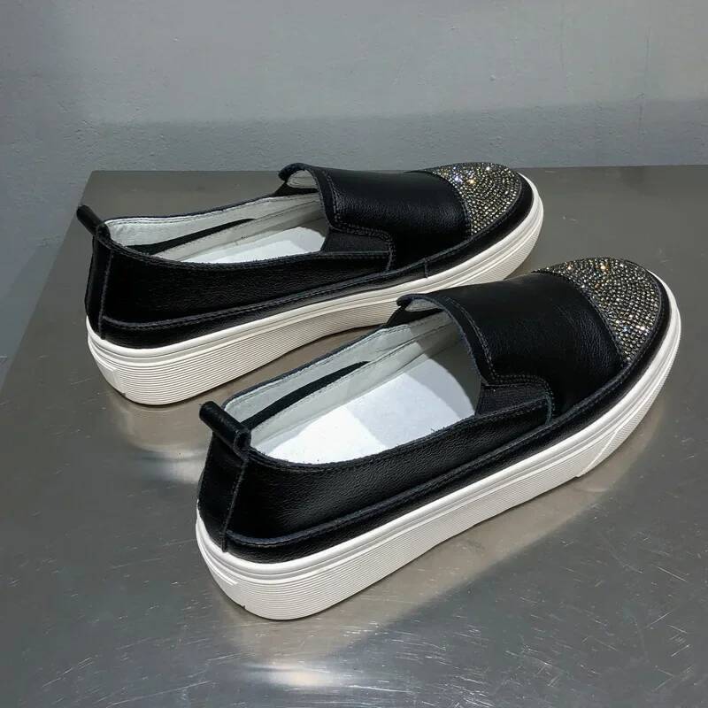 Ddmyoutdoor Genuine Leather White Rhinestone Sneakers Women Spring And Autumn Flat All Match Thick Bottom Walking Shoes Womendf Outdoor Shoes