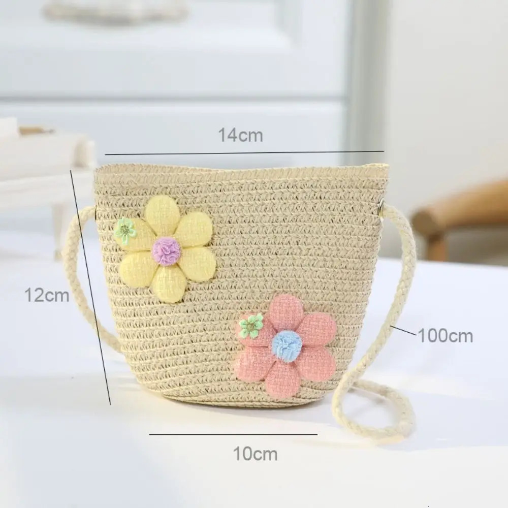 Girl Zipper Flower Straw Bag Cute Po Props Handmade Woven Kid Messenger Bags Storage Basket Coin Purse Crossbody Handbag 250605