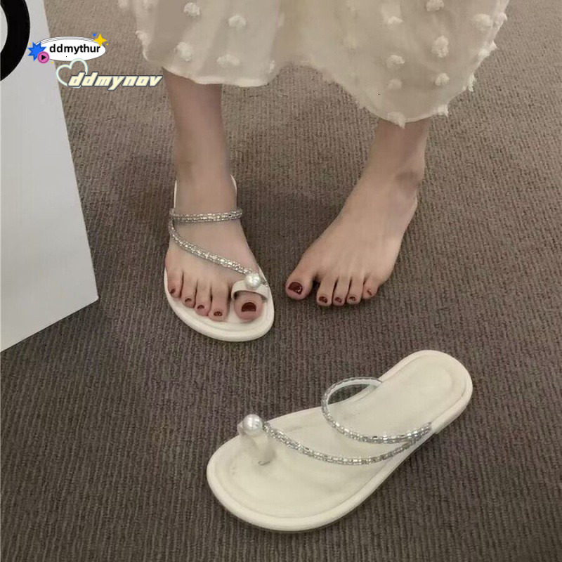 Toe Post Flat for Women Summer Outdoor 2024 New Pearl Beach Sandals Fashion Ins Fairy Style ddmynov