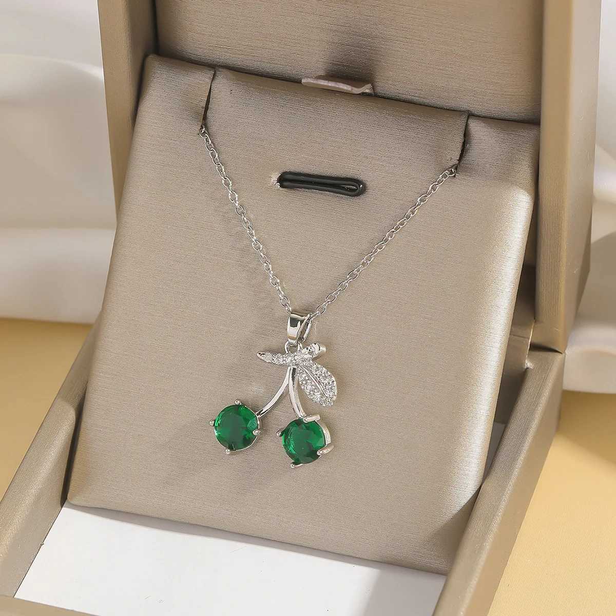 Shiny Cute Zircon Cherry Pendant Necklaces for Women Girls Stainless Steel Chain Kpop Sweet Collar Jewelry Accessories Gifts Y250605