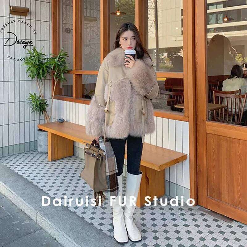 Winter Women's Leather Jacket Real Fox Collar Trim Natural Skin With Rabbit Fur Coats Short Style Female
