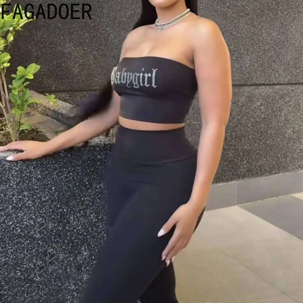 FAGADOER Rhinestone Letter 2 Piece Set for Women Y2K Black Streetwear Fashion Tube Backless Crop Tops And Skiny Pants Suits