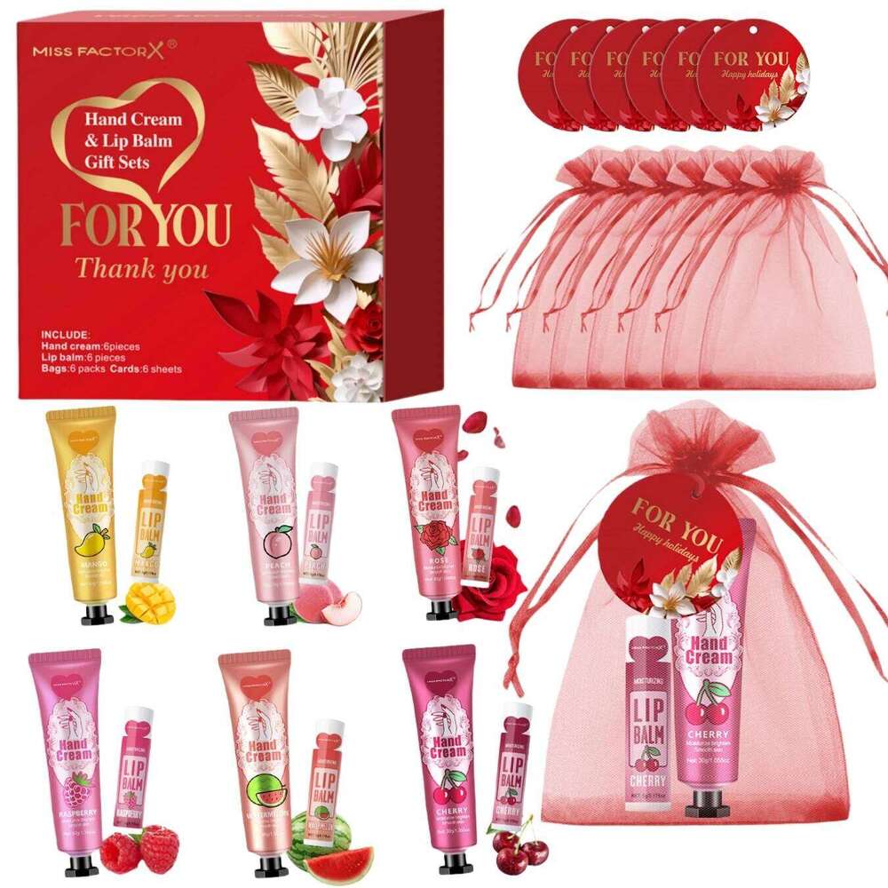 free shipping 24PCS/box lip balm in bulk, hand cream in bulk thank you card and red gauze bag, wedding gift to guests, Christmas and New Year