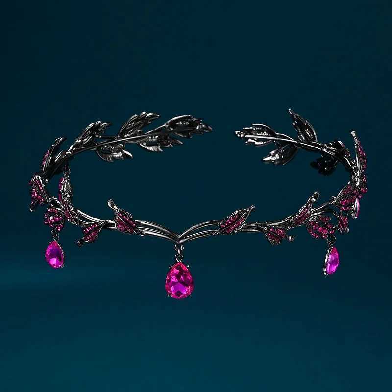 Vintage Gun Black Emerald Rose Green Fairy Crown Tiara Crystal Elf Tiara Bandana Hair Accessories for Women Costume Jewelry Z250605