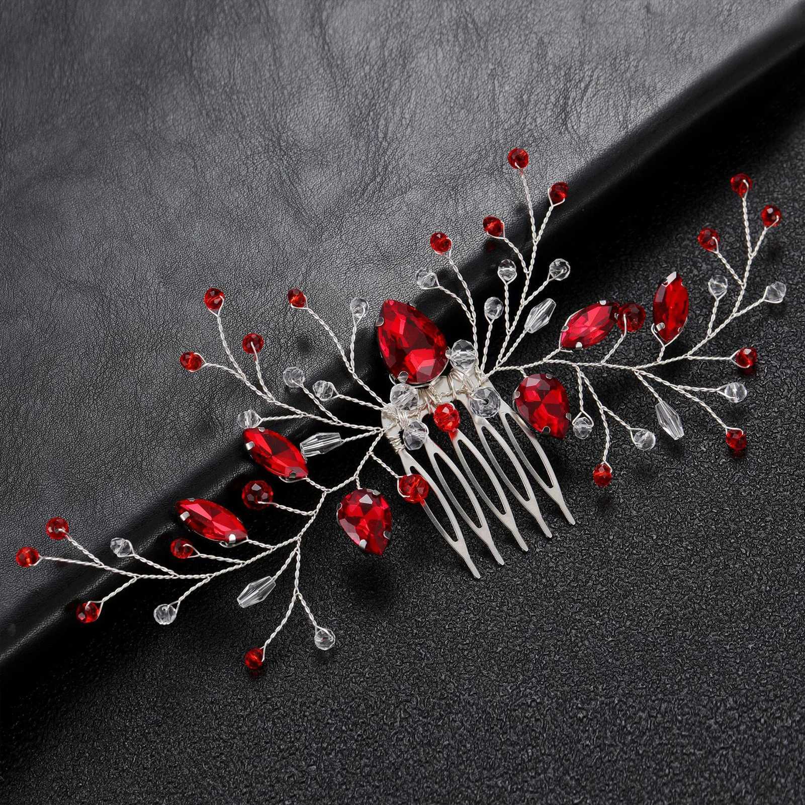 Wedding Hair Combs Hair Accessories Red Color Rhinestone Hairpins Clips Silver Color Metal Headpieces for Bride Novia Jewelry Z250605