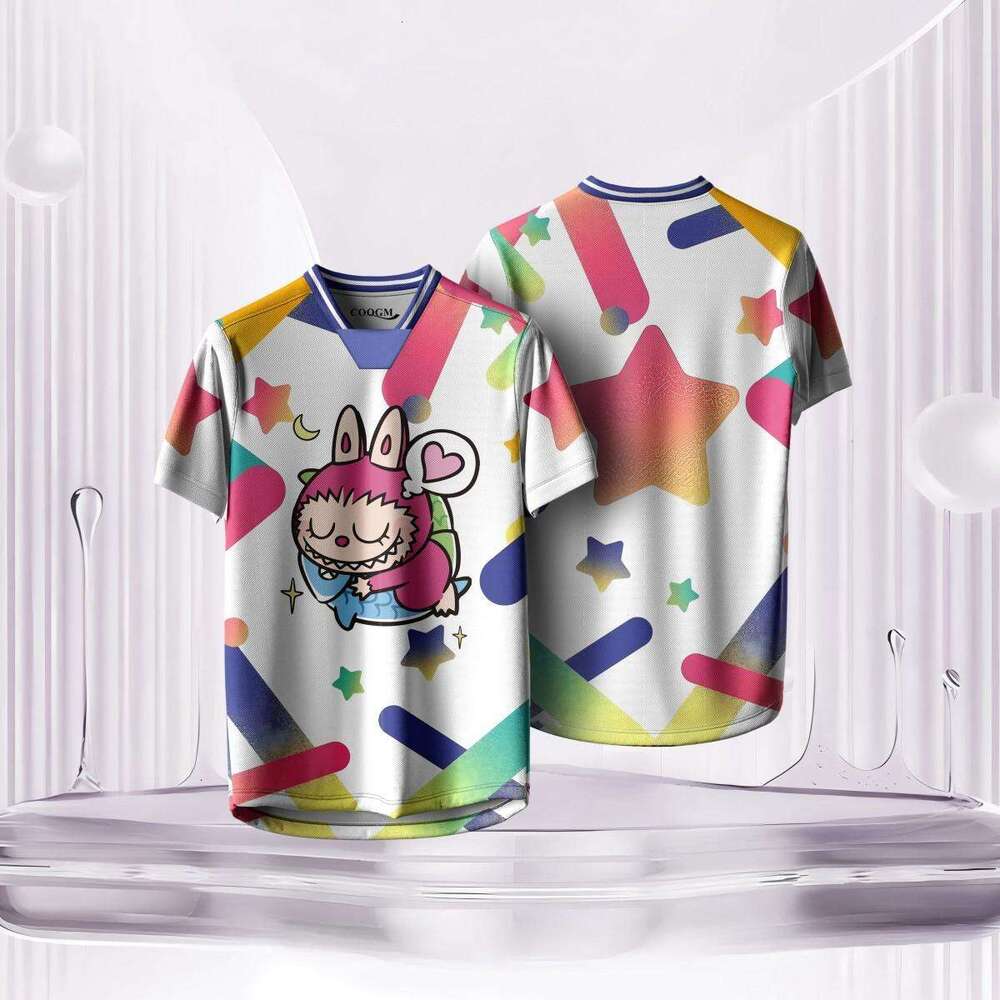 Labubu Printed Cartoon Washed Gradient T-Shirt Trendy Brand Pure Cotton Crew Neck Loose Short Sleeve