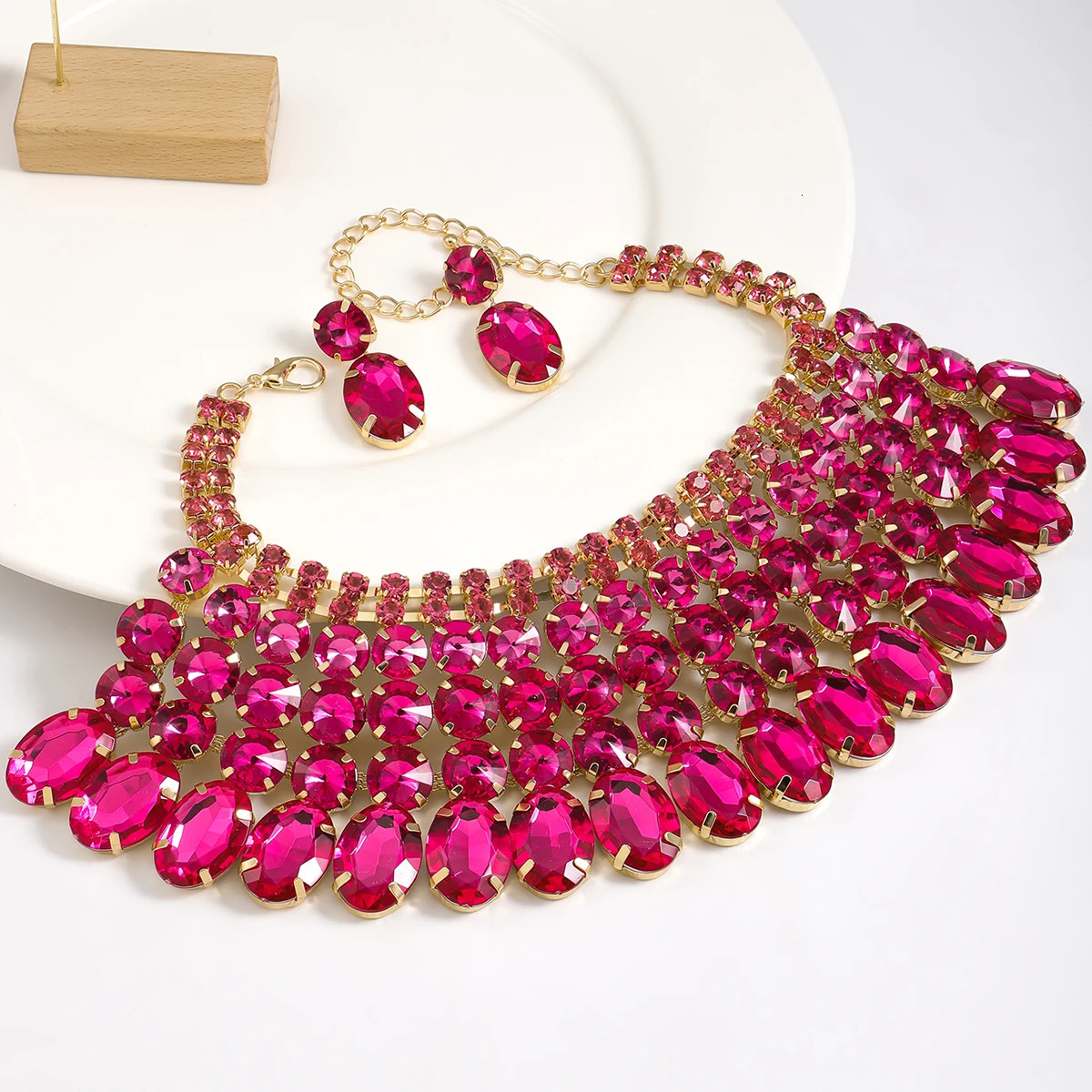 Lady 3 Pc Exaggerated Style Full of Rhinestone Necklace Earrings Set For Birthday Parties Multiple Color Options 250530