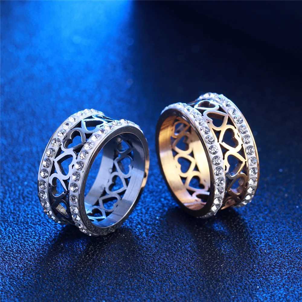 Hip Hop Iced Out Bling CZ Heart Woman Ring Gold Silver Color Stainless Steel Wedding Engagement Rings For Women Men Jewelry 2022 W250606