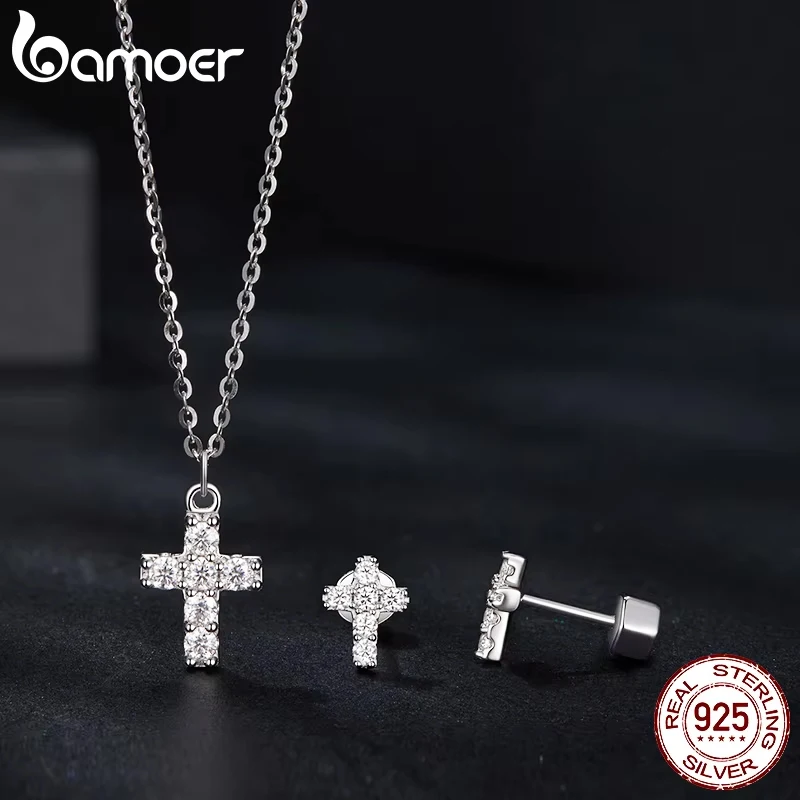 BAMOER White Gold Plated Moissanite Cross Necklace for Women, 925 Sterling Silver Small Religious Faith Cross Necklace Xmas Gift