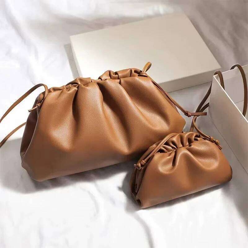 Brand Pleated Cloud Genuine Leather Exquisite Clutch Women Drawstring Fashion Elegant High Quality Shoulder Bag
