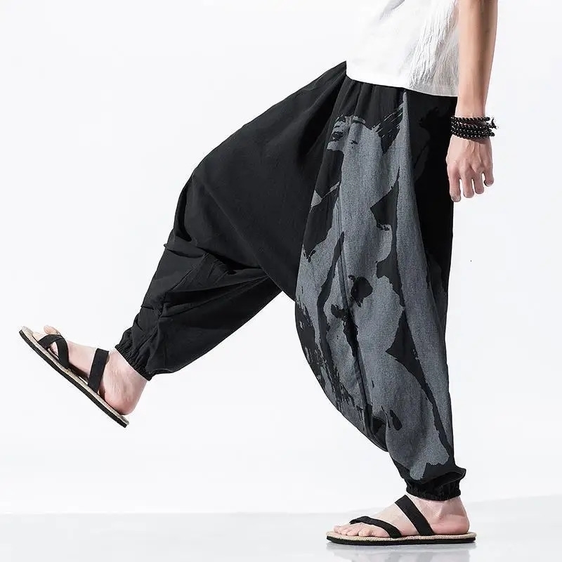 Hip Hop Style Loose Fit Low Waist Cotton Linen Special Cropped Pants Japanese Baggy For Men 250605A