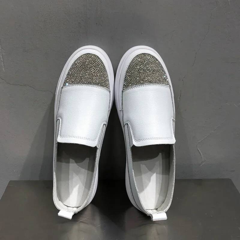 Ddmyoutdoor Genuine Leather White Rhinestone Sneakers Women Spring And Autumn Flat All Match Thick Bottom Walking Shoes Womendf Outdoor Shoes