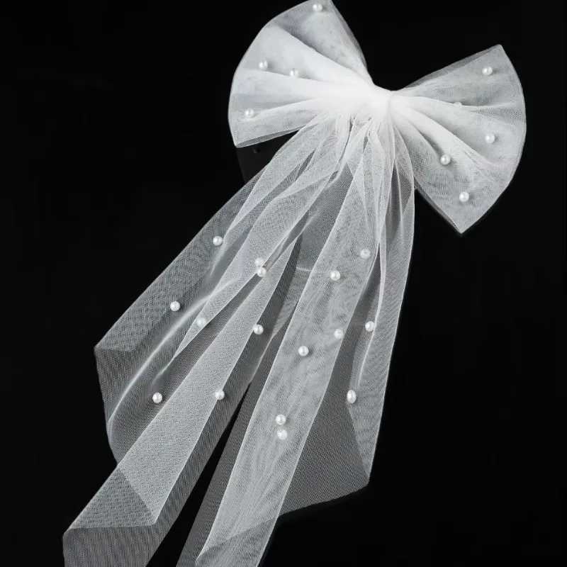 Women Long Ribbon Mesh Bow Hair Clips Elegant Pearls Hairpin for Bride White Mesh Hairpins Wedding Party Bride Hair Accessories Z250605