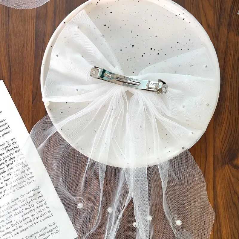 Women Long Ribbon Mesh Bow Hair Clips Elegant Pearls Hairpin for Bride White Mesh Hairpins Wedding Party Bride Hair Accessories Z250605