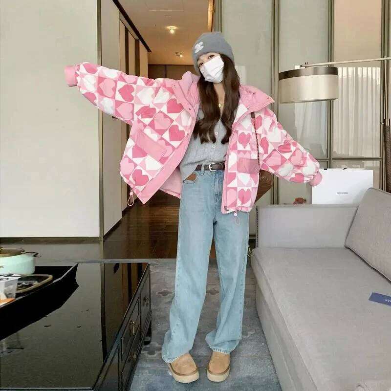 Duck Down Coat for Women, Loose and Thicken Hooded Parkas, Printed Outerwear, Female Bread Jackets, Winter Clothing, New, 2024