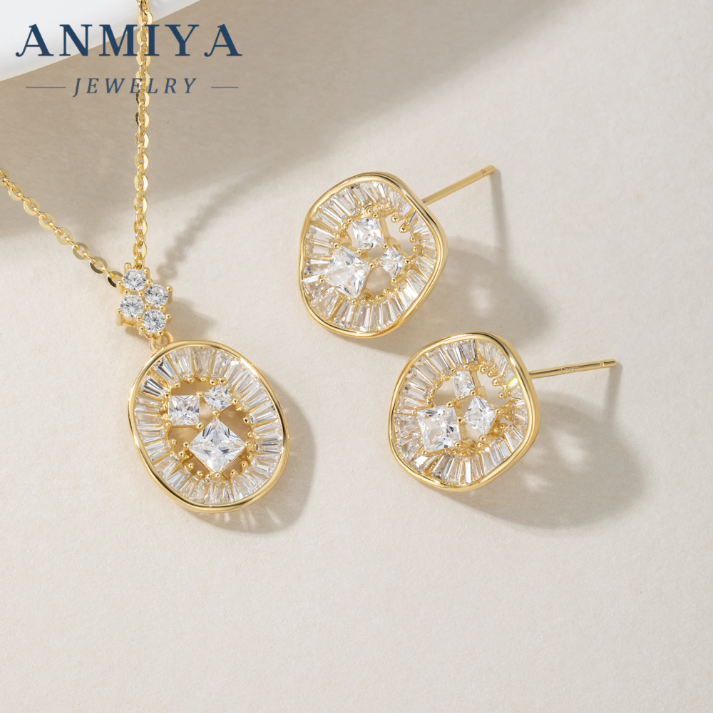 18K Gold Round Shape Hollow Out Zircon 925 Silver Fashion Earrings Necklace Set Jewelry for Ladies