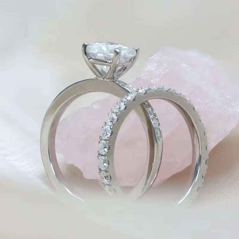 Rhodium Plated Sterling Silver925 Moissanite Ring Set 8MM 2CT Round Moissanite Ring with 2mm Eternity Ring Band