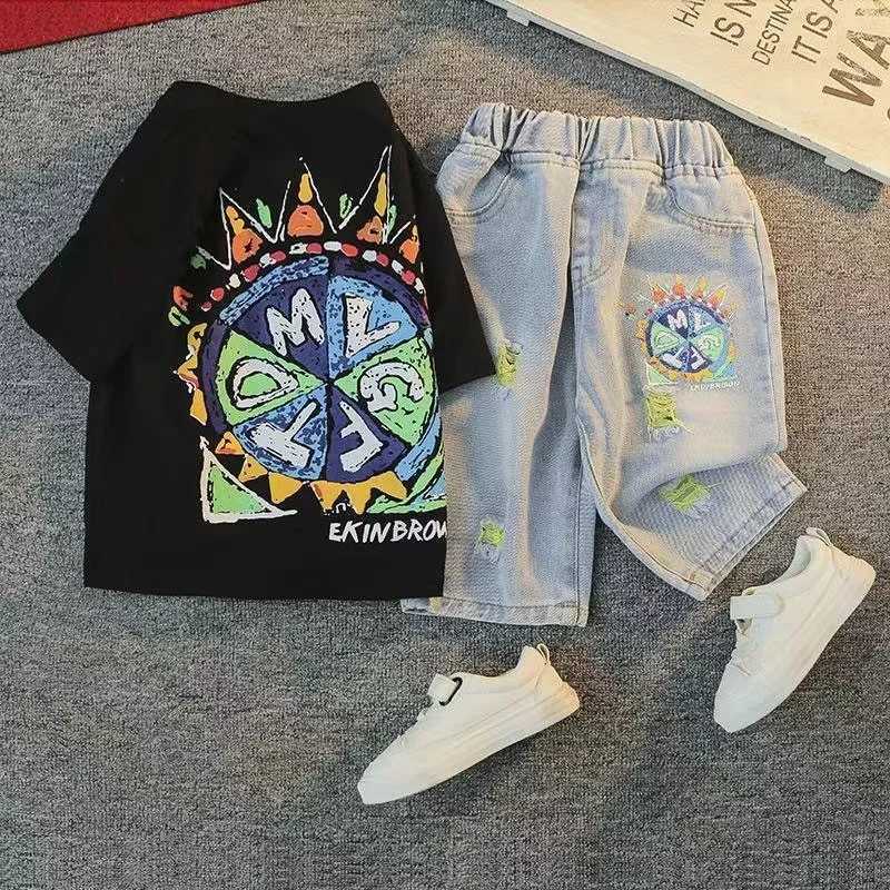 Baby Boys Summer Outfit Short SLeeve Cotton T-Shirt And Jeans Pants Two Piece Fashion Suit Kids 1-9 Years Old Sport Clothing New R250606